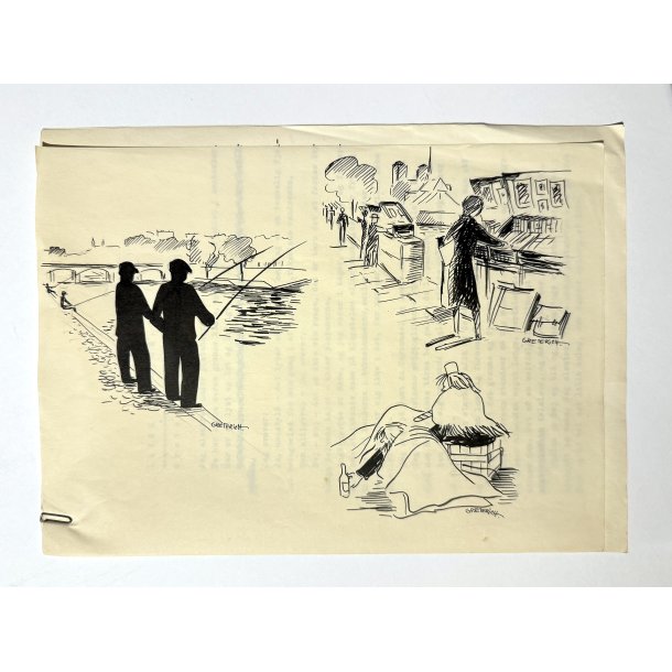 Original Tegning Og Manuskript Af Grete Rich - Langs Kajerne (ca1950)