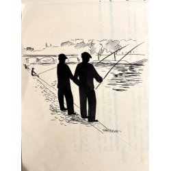 Original Tegning Og Manuskript Af Grete Rich - Langs Kajerne (ca1950)