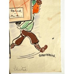 Original Tegning Af Grete Rich - Skolebogsomslag (ca 1950)