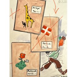 Original Tegning Af Grete Rich - Skolebogsomslag (ca 1950)