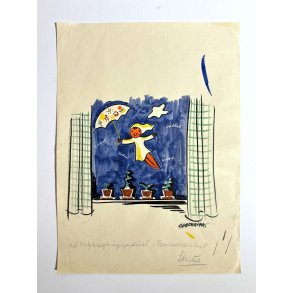 Original Tegning Af Grete Rich - M�rkl�gningsgardin Med Ole Luk�je (ca 1950)