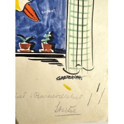 Original Tegning Af Grete Rich - M�rkl�gningsgardin Med Ole Luk�je (ca 1950)