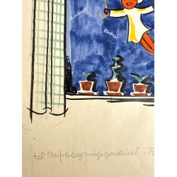 Original Tegning Af Grete Rich - M�rkl�gningsgardin Med Ole Luk�je (ca 1950)