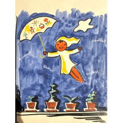 Original Tegning Af Grete Rich - M�rkl�gningsgardin Med Ole Luk�je (ca 1950)