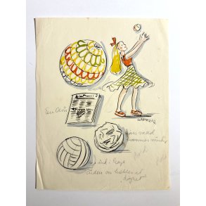 Original Tegning Af Grete Rich - H�klet Bold (ca1950)