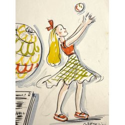 Original Tegning Af Grete Rich - H�klet Bold (ca1950)