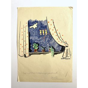 Original Tegning Af Grete Rich - Id� Til M�rkl�gningsgardin (ca1950)