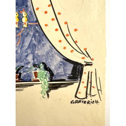 Original Tegning Af Grete Rich - Id� Til M�rkl�gningsgardin (ca1950)