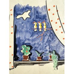 Original Tegning Af Grete Rich - Id� Til M�rkl�gningsgardin (ca1950)