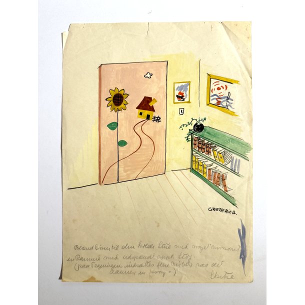 Original Tegning Af Grete Rich - Bl�nd D�ren Til Den Kolde Stue (ca 1950)