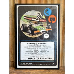 Original Vintage Plakat - Hepolite & Glacier - Formula 1 Champions 1970 - Motorsport reklameplakat