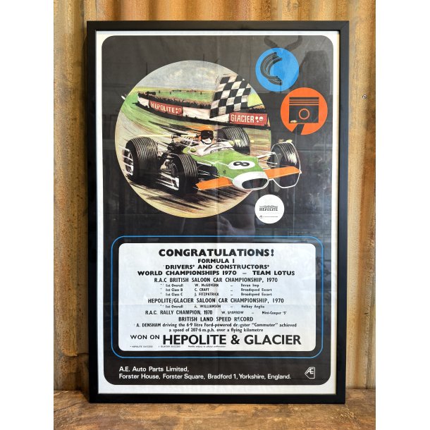 Original Vintage Plakat - Hepolite &amp; Glacier Formula 1 Champions 1970