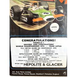 Original Vintage Plakat - Hepolite &amp; Glacier Formula 1 Champions 1970