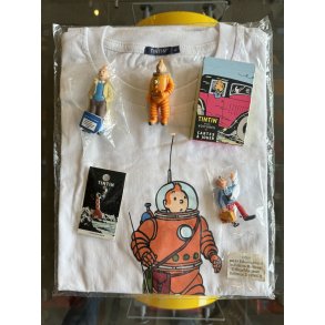 Tintin Vintage Pakke - T-shirt, Spillekort, Raket vedh�ng og 3 figurer