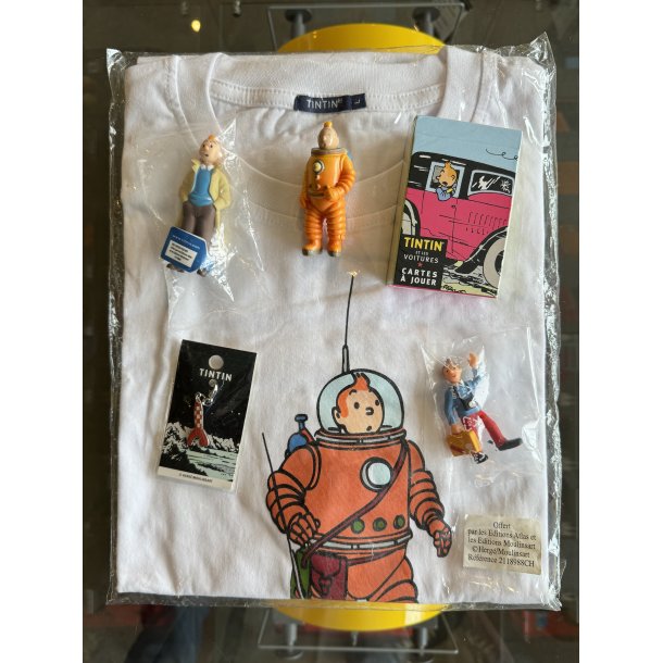 Tintin Vintage Pakke - T-shirt, Spillekort, Raket vedh�ng og 3 figurer