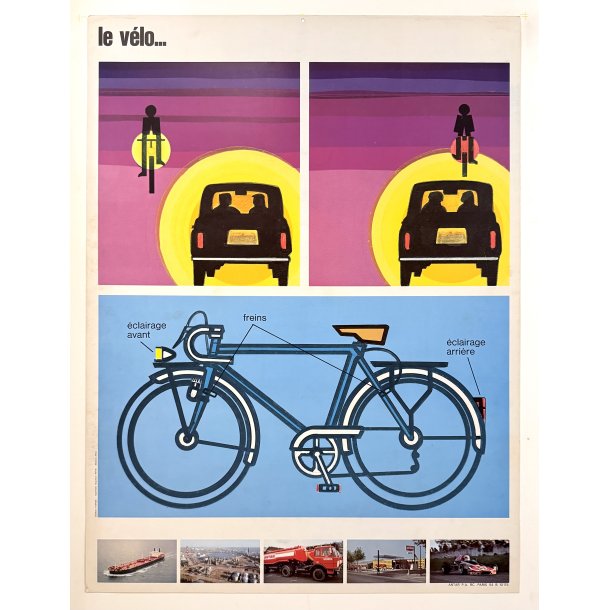 Original Vintage Plakat - Fransk Skole Trafik Tavle, Lys på cyklen