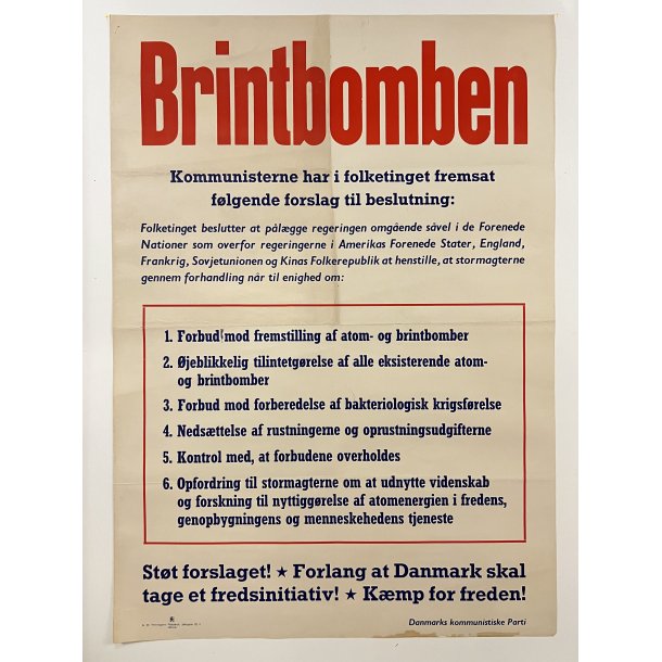 Original Plakat - Brintbomben - Kmp for freden!