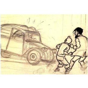 Tintin Postkort - S/H Blyantstegning 2CV, Tintin og Haddock