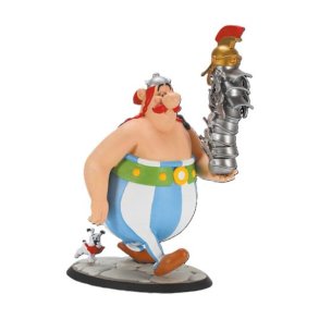 Asterix Statue - Obelix Med En Stak Hjelme og Idefix - 21 cm